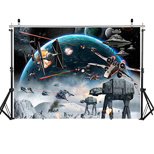 LYWYGG 7X5FT Outer Space Backdrop Galaxy Wars Photo Backgrounds Boys Party Supplies Black Stars Science Fiction Photography Backdrop Kids Birthday Decorations Banner CP-248