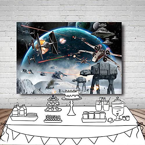 LYWYGG 7X5FT Outer Space Backdrop Galaxy Wars Photo Backgrounds Boys Party Supplies Black Stars Science Fiction Photography Backdrop Kids Birthday Decorations Banner CP-248