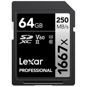 lexar professional 1667x 64gb sdxc uhs-ii memory card, c10, u3, v60, full-hd & 4k video, up to 250mb/s read, for professional photographer, videographer, enthusiast (lsd64gcbna1667)