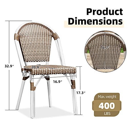 PURPLE LEAF Dining Chair Set of 2 Outdoor French Bistro Chairs Hand-Woven Aluminum Wicker Rattan Chairs for Garden Kitchen Backyard Porch White Print Finish Patio Chairs Brown