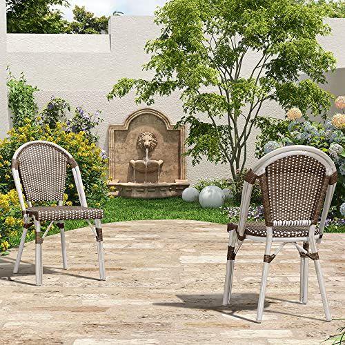 PURPLE LEAF Dining Chair Set of 2 Outdoor French Bistro Chairs Hand-Woven Aluminum Wicker Rattan Chairs for Garden Kitchen Backyard Porch White Print Finish Patio Chairs Brown