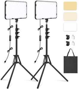 2 pack led video light with 63” tripod stand, obeamiu 2500-8500k dimmable photography studio lighting for video film recording/collection portrait/live game streaming/youtube podcast, usb charger