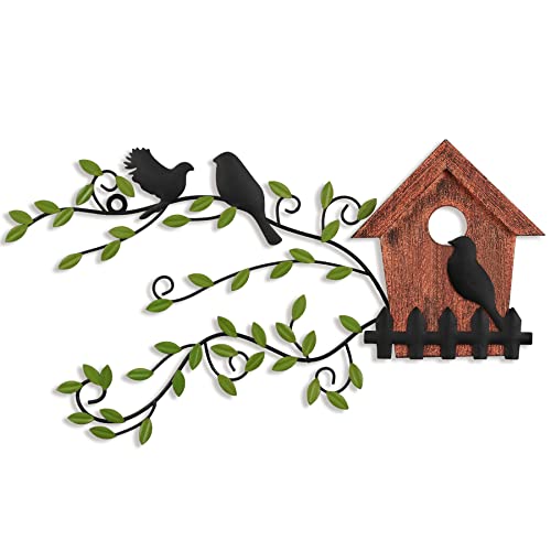 WGFKVAS Metal Birds Leaf Wall Decor, Birdhouse Vine Olive Branch Leaf Wall Art, Cast Iron Scroll Sculptures Hanging Decorations for Outdoor, Indoor, Garden, Back Yard, Patio