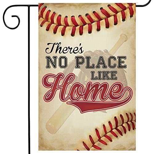 wondever No Place Like Home Baseball Garden Flag 12×18 Double Sided Vertical Burlap Bat Ball Sport Yard Flags for Yard Lawn Softball Sport Outside Flags Decor