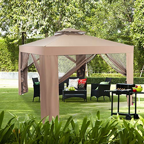 Tangkula 10x10 Ft Outdoor Gazebo, Patio Tents and Garden Structures Gazebo W/Netting, Outdoor Gazebo Canopy Shelter for Home/Garden/Lawn/Patio House Party (Brown)