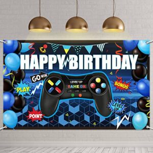 video game happy birthday backdrop game on birthday party backdrop banner level up gaming theme party background photo props for video game party wall decorations supplies (blue)