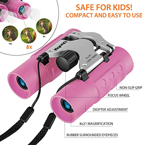 Obuby Real Binoculars for Kids Gifts for 3-12 Years Boys Girls 8x21 High-Resolution Optics Mini Compact Binocular Toys Shockproof Folding Small Telescope for Bird Watching,Travel, Camping, Pink