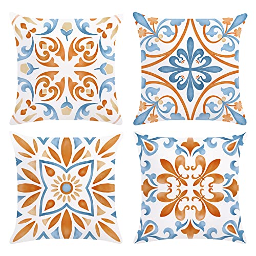 Bonhause Boho Outdoor Pillow Covers 18x18 Set of 4 Two Sided Mandala Floral Decorative Pillow Cases Soft Velvet for Couch Sofa Balcony Home Decor