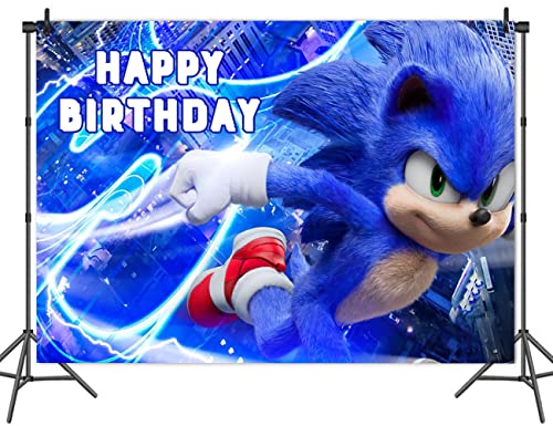 TOUGUGOLY Blue Sonic Hedgehog Happy Birthday Themed Photography Backdrop Sonic Boom Superhero Kids 1st Birthday Party Photo Background Studio Cake Table Banner 7x5ft 1