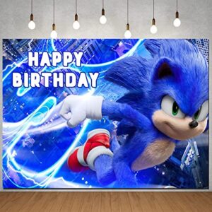 TOUGUGOLY Blue Sonic Hedgehog Happy Birthday Themed Photography Backdrop Sonic Boom Superhero Kids 1st Birthday Party Photo Background Studio Cake Table Banner 7x5ft 1