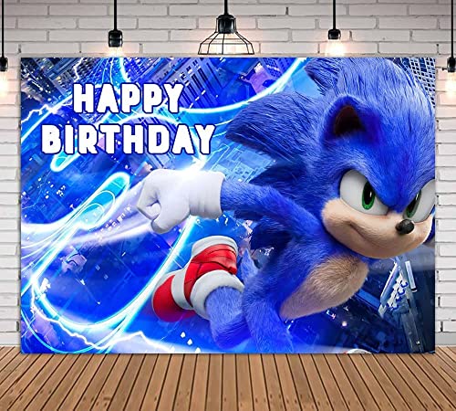 TOUGUGOLY Blue Sonic Hedgehog Happy Birthday Themed Photography Backdrop Sonic Boom Superhero Kids 1st Birthday Party Photo Background Studio Cake Table Banner 7x5ft 1