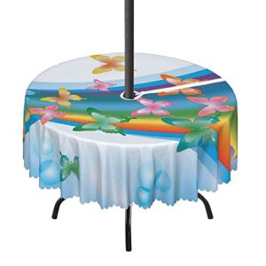 lirduipu butterfly pattern round outdoor tablecloth,round tablecloth with umbrella hole and zipper for patio garden,waterproof spill-proof,for patio table with umbrella hole(72″ round,blue orange)