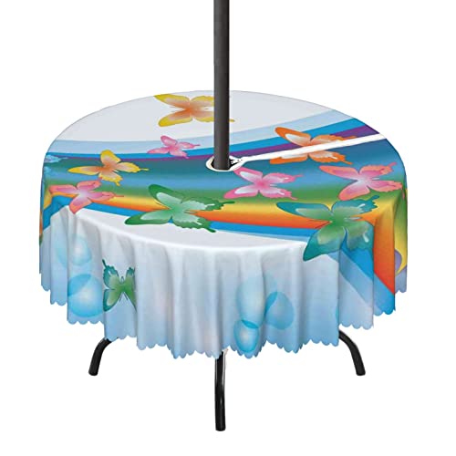 Lirduipu Butterfly Pattern Round Outdoor Tablecloth,Round Tablecloth with Umbrella Hole and Zipper for Patio Garden,Waterproof Spill-Proof,for Patio Table with Umbrella Hole(72" Round,Blue Orange)