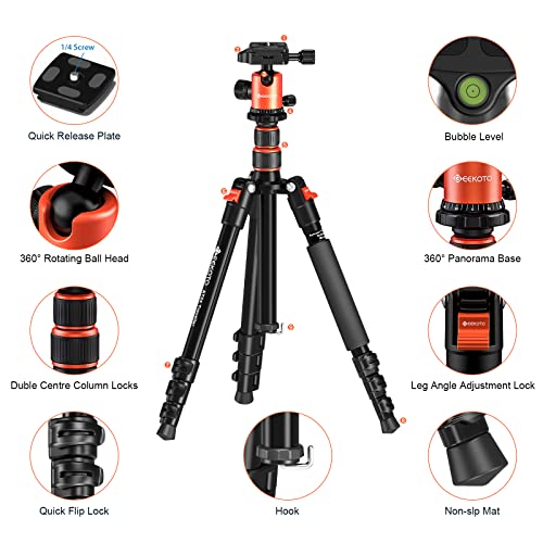 GEEKOTO 58” DSLR Tripod, Compact Aluminum Alloy Lightweight Camera Tripod with 360 Degree Panorama Ball Head, Professional Camera Tripod for Travelling, Learning and Working