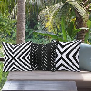 Hckot 2 Pack Decorative Outdoor Waterproof Pillow Covers Black and White Geometric Garden Cushion Sham Throw Pillowcase for Patio Tent Couch 18x18 Inch, Black A