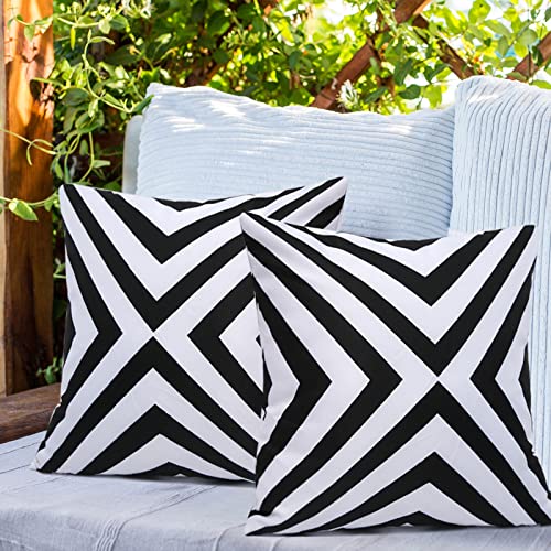 Hckot 2 Pack Decorative Outdoor Waterproof Pillow Covers Black and White Geometric Garden Cushion Sham Throw Pillowcase for Patio Tent Couch 18x18 Inch, Black A