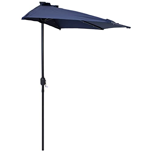 Sunnydaze 9-Foot Solar Outdoor Half Patio Umbrella with LED Lights - Shade for Apartment Decks, Balconies, and Smaller Garden and Yard Spaces - Navy Blue