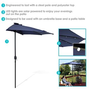 Sunnydaze 9-Foot Solar Outdoor Half Patio Umbrella with LED Lights - Shade for Apartment Decks, Balconies, and Smaller Garden and Yard Spaces - Navy Blue