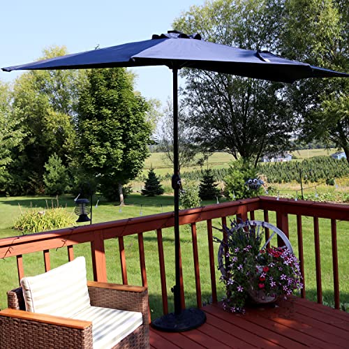 Sunnydaze 9-Foot Solar Outdoor Half Patio Umbrella with LED Lights - Shade for Apartment Decks, Balconies, and Smaller Garden and Yard Spaces - Navy Blue