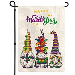 yovoyoa happy mardi gras gnome garden flag 12.5×18 inch double sided masquerade mask bead fleur de lis new orleans holiday party yard outdoor decoration