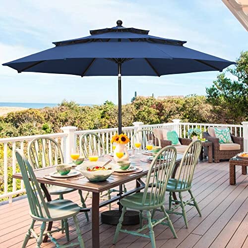 Oneofics Patio Umbrella 10FT 3 Tiers Outdoor Table Umbrella with Tilt and Crank Handle Market Patio Table Umbrella for Pool, Beach, Deck, Balcony, Garden and Lawn, Navy Blue