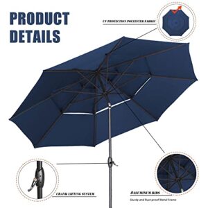 Oneofics Patio Umbrella 10FT 3 Tiers Outdoor Table Umbrella with Tilt and Crank Handle Market Patio Table Umbrella for Pool, Beach, Deck, Balcony, Garden and Lawn, Navy Blue