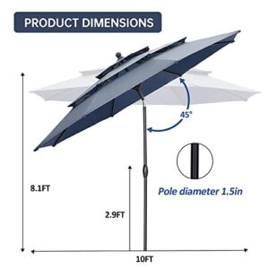 Oneofics Patio Umbrella 10FT 3 Tiers Outdoor Table Umbrella with Tilt and Crank Handle Market Patio Table Umbrella for Pool, Beach, Deck, Balcony, Garden and Lawn, Navy Blue