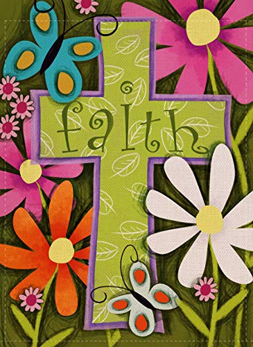 Dyrenson Religious Garden Flag Flower Cross, Home Decorative Faith House Yard Flag, Floral Garden Yard Decorations, Butterfly Daisies Seasonal Outdoor Flag 28 x 40 Easter