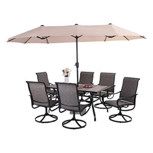 sophia & william patio dining set 8 pieces outdoor metal furniture set with 13ft double-sided patio umbrella beige, 6 x swivel patio dining chairs, 1 wood like umbrella table for patio lawn garden