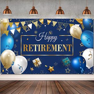 blulu happy retirement party decorations, extra large fabric happy retirement sign banner photo booth backdrop background with rope for retirement party favor (blue and gold,72.8 x 43.3 inches)