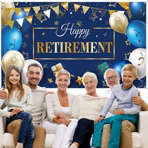 Blulu Happy Retirement Party Decorations, Extra Large Fabric Happy Retirement Sign Banner Photo Booth Backdrop Background with Rope for Retirement Party Favor (Blue and Gold,72.8 x 43.3 inches)