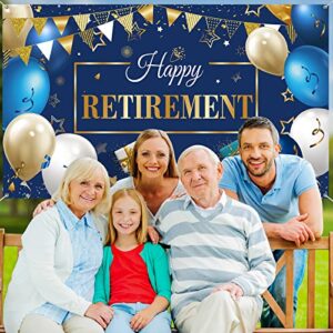 Blulu Happy Retirement Party Decorations, Extra Large Fabric Happy Retirement Sign Banner Photo Booth Backdrop Background with Rope for Retirement Party Favor (Blue and Gold,72.8 x 43.3 inches)