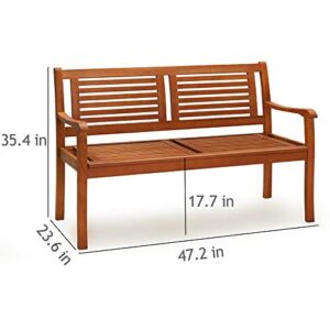cucunu Outdoor Patio Bench Eucalyptus Wood with Sturdy Armrests and Back for Garden Front Porch 350 Lbs Weight Capacity 2-Seater Outdoor Furniture Park Benches Small Wooden Chair Natural Oiled