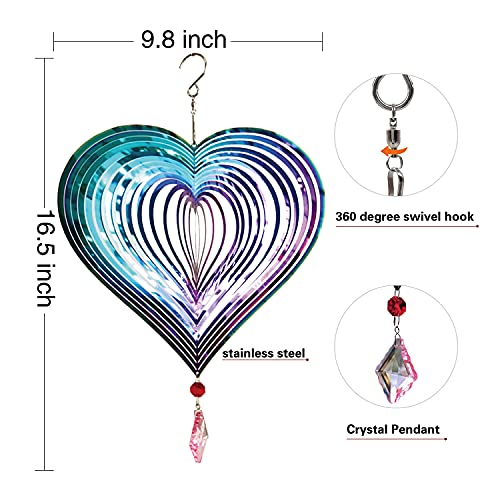 Dinoneyi Wind Spinner Outdoor Metal 3D Wind Spinner Hanging Yard Garden Decor Gifts Stainless Steel Heart Pattern Spinners with 360° Rotating Hook