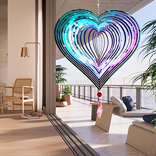 Dinoneyi Wind Spinner Outdoor Metal 3D Wind Spinner Hanging Yard Garden Decor Gifts Stainless Steel Heart Pattern Spinners with 360° Rotating Hook