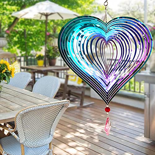 Dinoneyi Wind Spinner Outdoor Metal 3D Wind Spinner Hanging Yard Garden Decor Gifts Stainless Steel Heart Pattern Spinners with 360° Rotating Hook