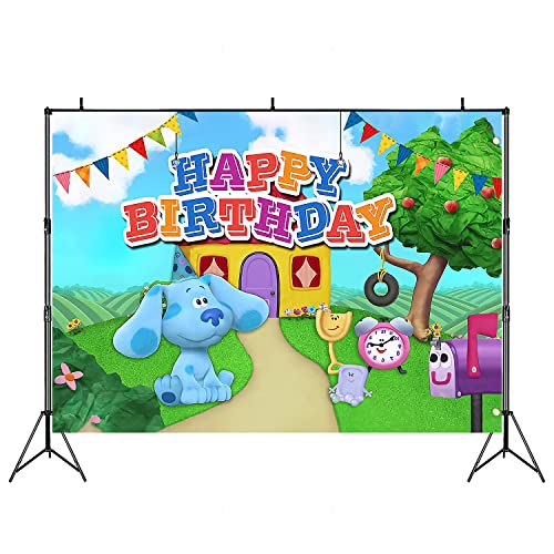 DELETO 5×3Ft Blue Dog Happy Birthday Backdrop Decorations Birthday Party Supplies Cute Blue Cartoon Puppy Banner (60" x 36")…