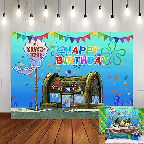 Cartoon Animation Spongebob Theme Photography Backdrop Children Happy 1st Birthday Party Decorations Banner The Krusty Krab Photo Background Vinyl 5x3ft Baby Shower Booth Studio Props