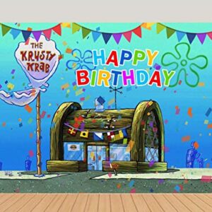 Cartoon Animation Spongebob Theme Photography Backdrop Children Happy 1st Birthday Party Decorations Banner The Krusty Krab Photo Background Vinyl 5x3ft Baby Shower Booth Studio Props