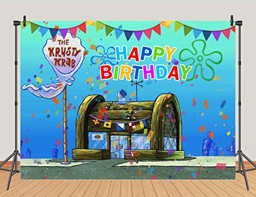 Cartoon Animation Spongebob Theme Photography Backdrop Children Happy 1st Birthday Party Decorations Banner The Krusty Krab Photo Background Vinyl 5x3ft Baby Shower Booth Studio Props