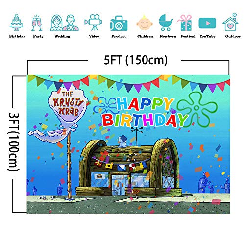 Cartoon Animation Spongebob Theme Photography Backdrop Children Happy 1st Birthday Party Decorations Banner The Krusty Krab Photo Background Vinyl 5x3ft Baby Shower Booth Studio Props