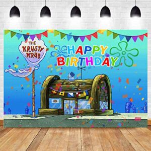 Cartoon Animation Spongebob Theme Photography Backdrop Children Happy 1st Birthday Party Decorations Banner The Krusty Krab Photo Background Vinyl 5x3ft Baby Shower Booth Studio Props