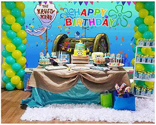 Cartoon Animation Spongebob Theme Photography Backdrop Children Happy 1st Birthday Party Decorations Banner The Krusty Krab Photo Background Vinyl 5x3ft Baby Shower Booth Studio Props