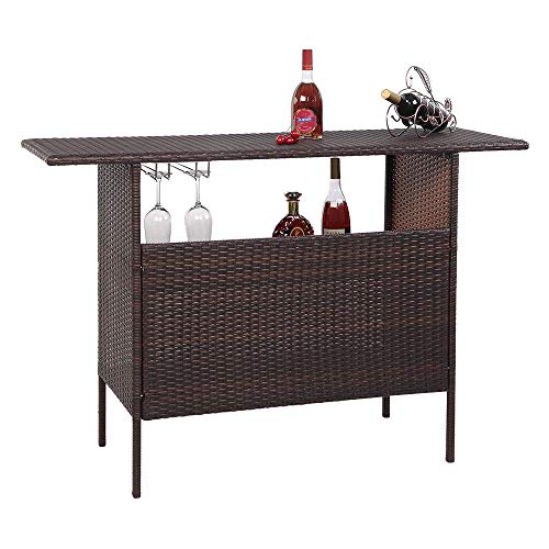 VINGLI Wicker Outdoor Bar Table with 2 Steel Shelves, 2 Sets of Rails, Rattan Patio Bar Table Outdoor Table with Storage for Backyard, Poolside, Garden