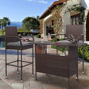 VINGLI Wicker Outdoor Bar Table with 2 Steel Shelves, 2 Sets of Rails, Rattan Patio Bar Table Outdoor Table with Storage for Backyard, Poolside, Garden