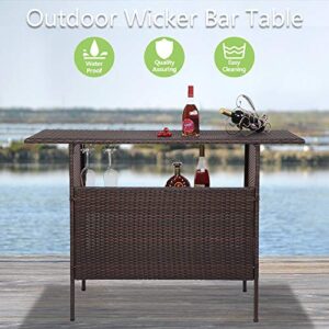 VINGLI Wicker Outdoor Bar Table with 2 Steel Shelves, 2 Sets of Rails, Rattan Patio Bar Table Outdoor Table with Storage for Backyard, Poolside, Garden