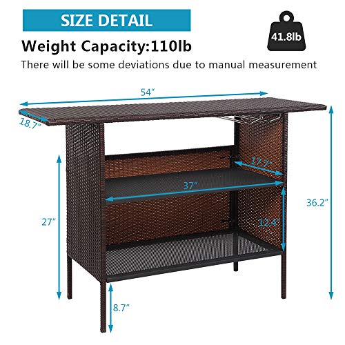 VINGLI Wicker Outdoor Bar Table with 2 Steel Shelves, 2 Sets of Rails, Rattan Patio Bar Table Outdoor Table with Storage for Backyard, Poolside, Garden