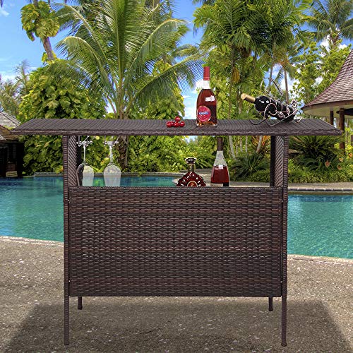 VINGLI Wicker Outdoor Bar Table with 2 Steel Shelves, 2 Sets of Rails, Rattan Patio Bar Table Outdoor Table with Storage for Backyard, Poolside, Garden