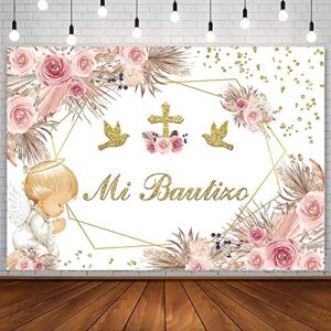 sendy 7x5ft mi bautizo backdrop boho baptism god bless first holy communion party decorations for girl angel pink floral gold cross glitter background christening newborn baby shower photo booth props