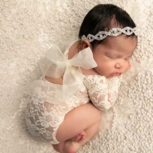 Baby Photography Props Outfit Lace Rompers Newborn Girl Photo Shoot Outfits Flower Headband Princess Costume (White)